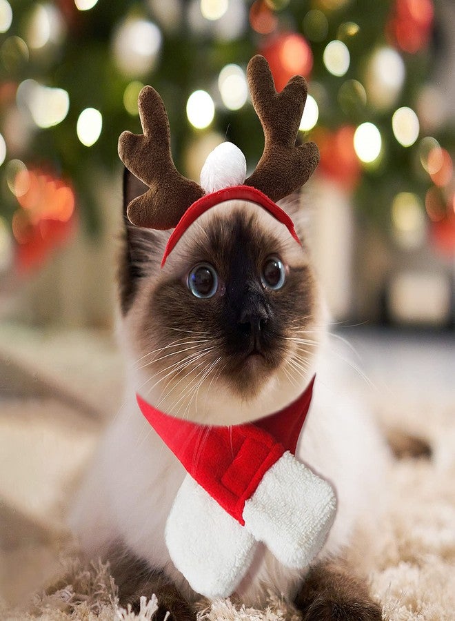 PETLESO Cat Reindeer Antlers with Christmas Scarf, Small Dog Santa Costume, Pet Xmas Outfits for Kitten, Puppy - Image 1